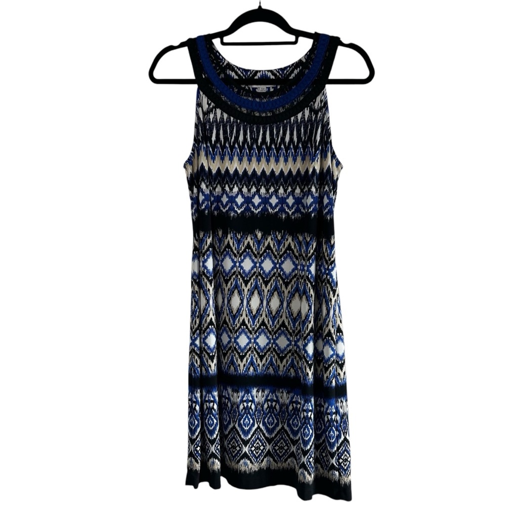 Sandra Darren Blue Black White Tan Round Collar Sleeveless Petite Dress Size 10P